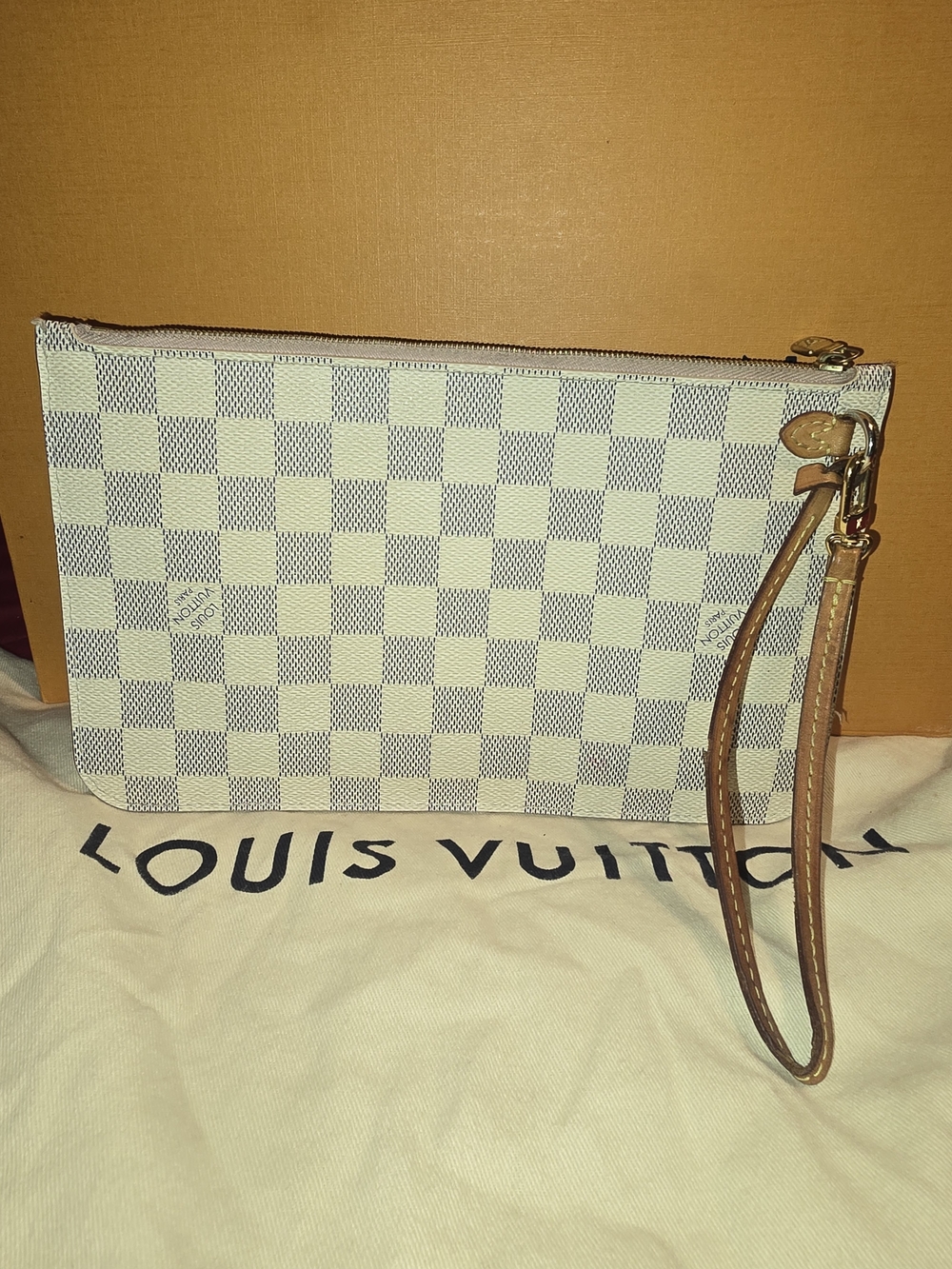 Louis Vuitton Damier Azur Canvas Wristlet in White with Tan Strap